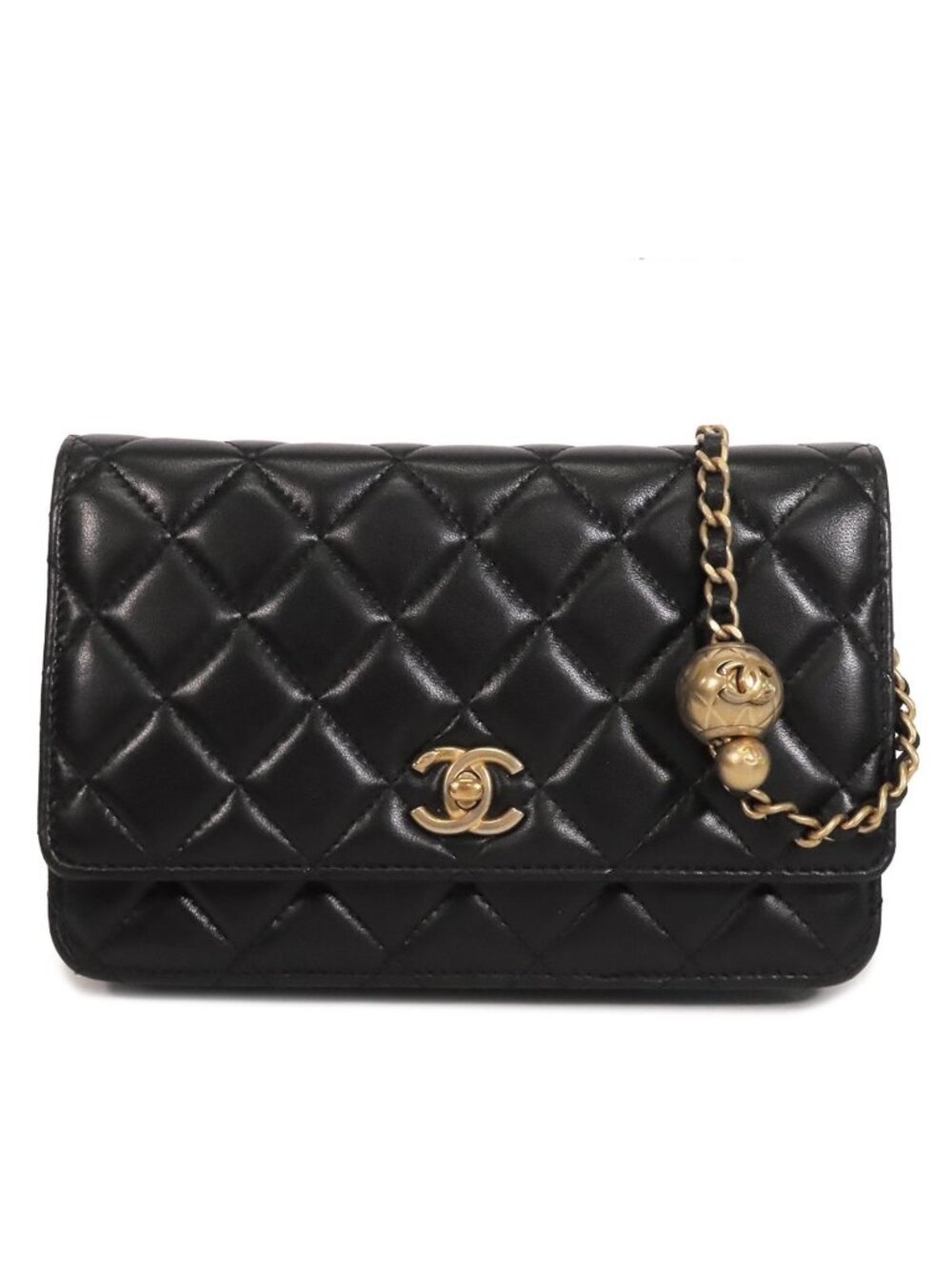 Chanel Chain Wallet Black Gold Lambskin Quilted Coco Ball Shoulder Bag